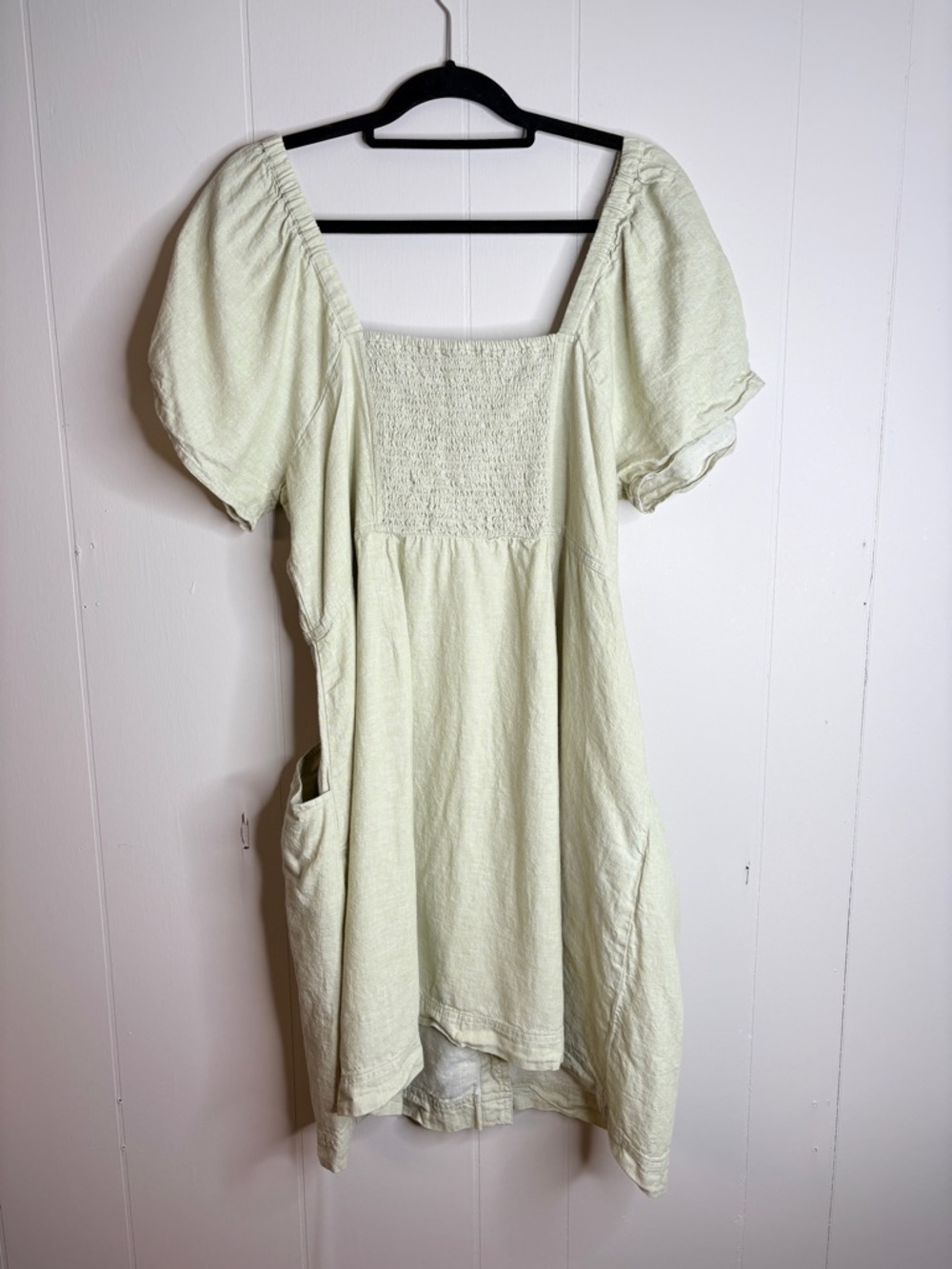 Madewell Plus Linen-Cotton Puff-Sleeve Dress size 16W mini‎ button down ruched - Picture 6 of 7